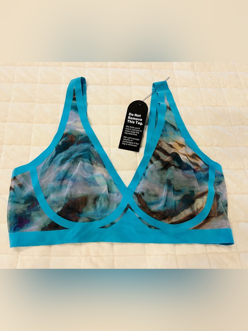 EBY Sheer wireless lightweight Turquoise Mesh Bralette with Abstract Print